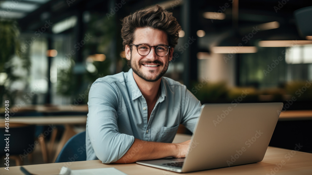 Wall mural Happy man wear glasses sitting at a table with laptop in a office near his work desk.