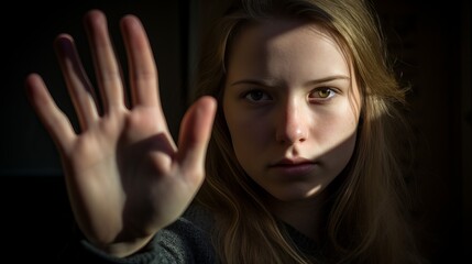 Portrait of young attractive cute female doing gesture of stop