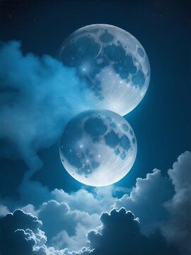 Super double moon in clouds. AI generated illustration