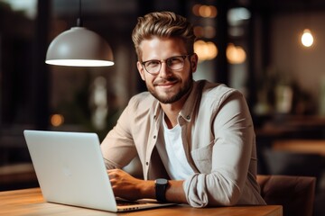 Entrepreneur working with a laptop in office.