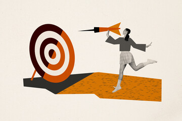 Picture collage sketch of successful woman throwing arrow playing darts game isolated on drawing...