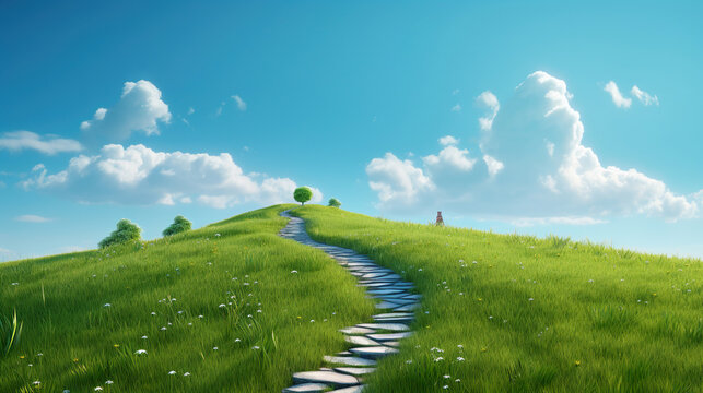 A winding path leading up a grassy hill to a clear blue sky. Generative Ai