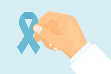 doctor holding blue ribbon as a symbol of november prostate cancer awareness month- vector illustration - obrazy, fototapety, plakaty