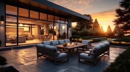 Large patio outdoor with furniture at luxury home at sunset, Barbecue and table with chairs.