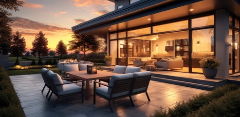 Large patio outdoor with furniture at luxury home at sunset, Barbecue and table with chairs.