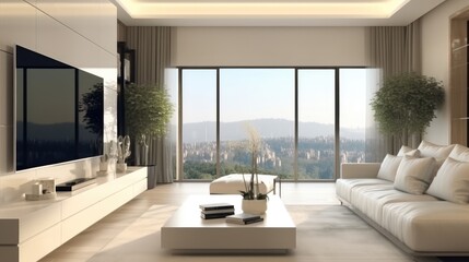 A living room is full of white furniture and TV with elegant cityscapes view.