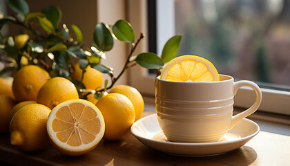 Fresh lemon slice on wooden table, refreshing drink for summer generated by AI