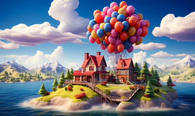 A Mystical Floating Island with a Whimsical House and Colorful Balloons. A floating island with a house and a bunch of balloons - obrazy, fototapety, plakaty
