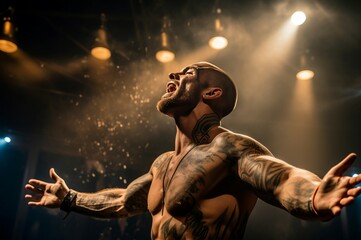 Fototapeta na wymiar Tattooed man celebrating on the illuminated stage. Male performance euphoria auditory cheering. Generate ai