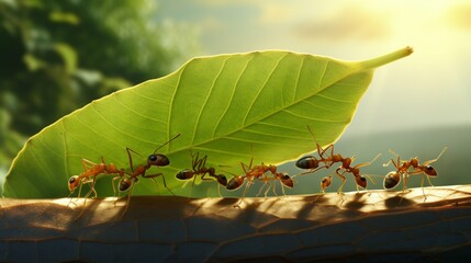 A group of ants working together to transport a large leaf.