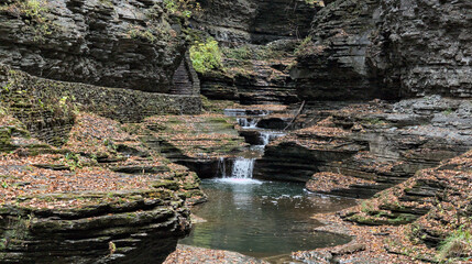moss covered rocks and waterfall stream at watkins glen state park in the finger lakes region of new york state (nature, travel, hiking, walking, trail) gorge with curved rock, colorful autumn foliage