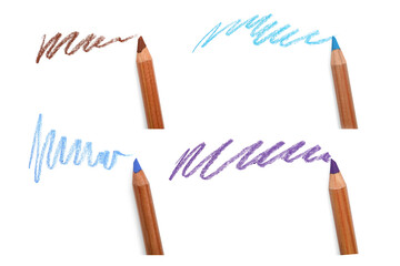 Colorful pastel pencils and scribbles on white background, top view. Drawing supply