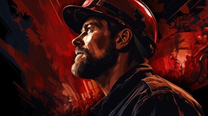 Portrait of a bearded fireman in a red helmet