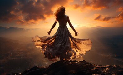 A girl standing on a mountain top. A woman in a long dress standing on top of a mountain