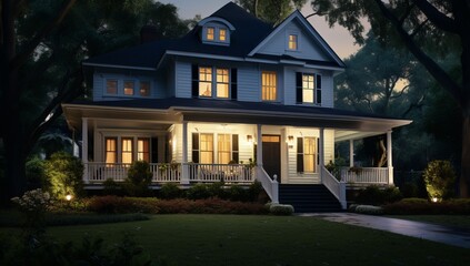 A Majestic Mansion With a Welcoming Porch and Illuminated Lights