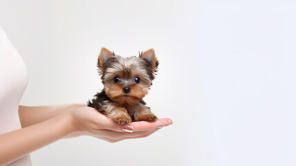 lone woman clutching a yorkshire terrier on a stark white background