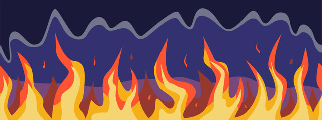Seamless flame wall in cartoon style. Bright and colorful fire on a blue background.