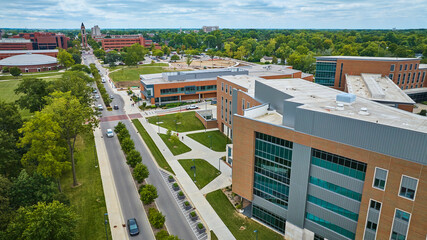 Main road leading into campus at Ball State University aerial Muncie Indiana