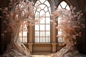 Obraz na płótnie Canvas Elegant wedding blossom tree archway beautifully intricately detailed 3d backdrop, Bright lighting, Wedding Backdrop.