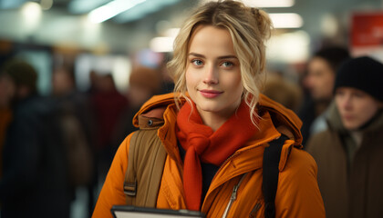Young adults smiling, looking at camera, outdoors, in winter generated by AI