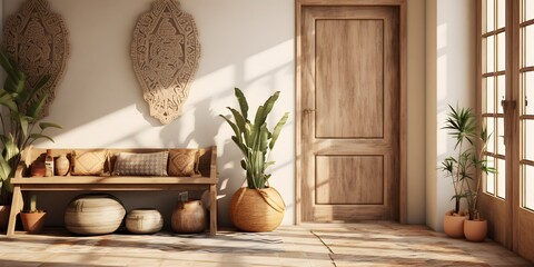 Boho style interior design of modern entrance hall with door