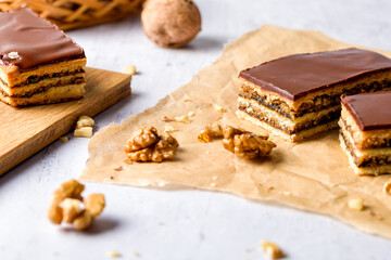 Gerbeaud Cake. Zserbo . Traditional Hungarian multi-layer cake