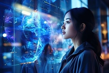 Young Asian woman captivated by a futuristic holographic digital display, showcasing innovation and technology in a modern world - obrazy, fototapety, plakaty