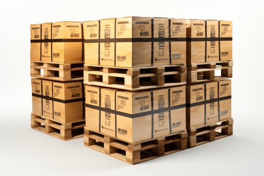 Cardboard boxes on pallets isolated on white background, The action of delivering packages or ordered goods.