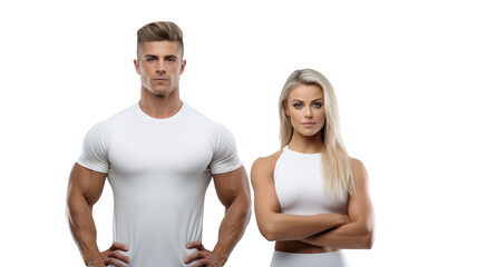 A young, blonde woman and a male are isolated during a workout against a white background.