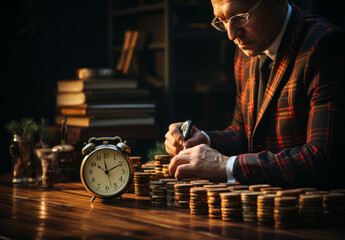 Businessman holding stack of coins. A man sitting at a table with stacks of coins and an alarm clock