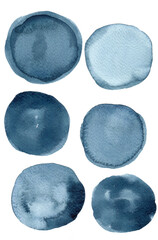 Blue painted circles isolated on white background, watercolour shapes
