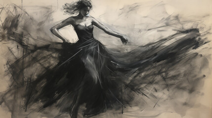 Dancing lady monochrome line sketch drawing, woman wearing a frock and performing on a stage