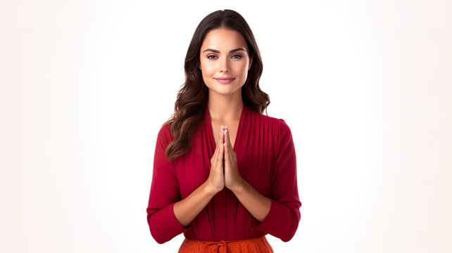 On a white background, a young woman wearing a red top and skirt is shown doing the namaste gesture. 