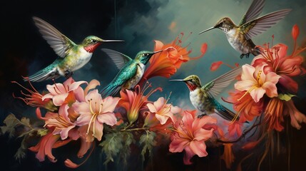 A group of hummingbirds sipping nectar from a cluster of colorful flowers.