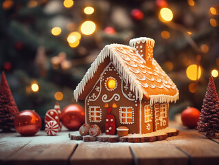 Gingerbread house on the background of a Christmas tree and Christmas decor