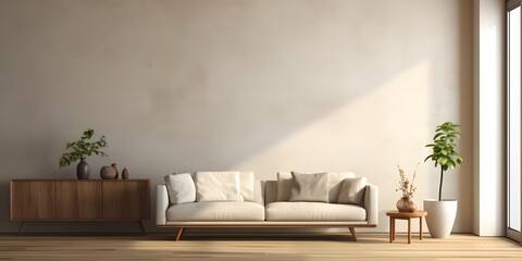Simple style modern living room home interior design. Beige sofa and wall chair with copy space