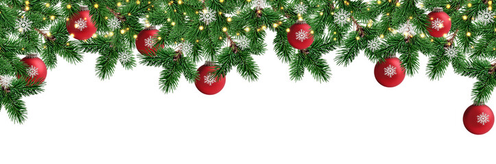 Christmas natural tree branch with red balls and snowflakes on white background closeup. Isolate