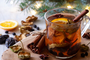 Compote of dried fruits and aromatic spices, traditional Polish drink for Christmas