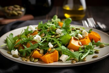 Pumpkin salad feta healthy dish. Slate fall herb roasted grilled. Generate Ai