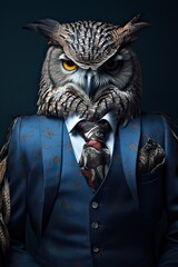 Owl dressed in an elegant modern suit with a nice tie. Fashion portrait of an anthropomorphic animal, bird, posing with a charismatic human attitude