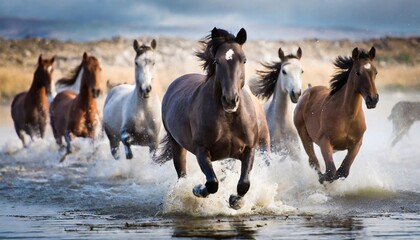 Group of wild horses running together through water.