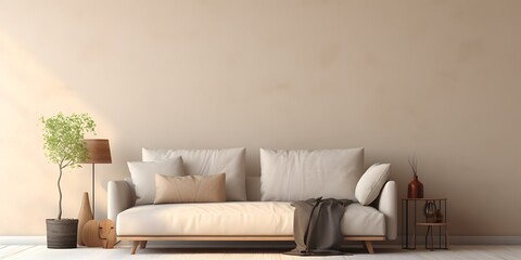 Fototapeta na wymiar Simple style modern living room home interior design. Beige sofa and wall chair with copy space