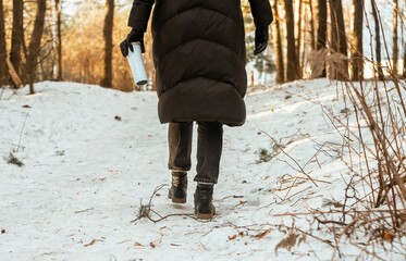 Woman back view, walking in nature, going in forest on winter holiday, snow