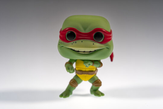 Close-up of Teenage Mutant Ninja Turtle Raphael figurine against white background. Photo taken November 8th, 2023, Zurich, Switzerland.