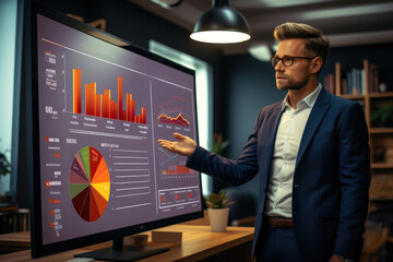 Business consultant presenting analysis with interactive charts on a smart screen in the boardroom, strengths, weaknesses, threats and opportunities of company.