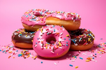 Colorful donuts on a pink background