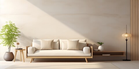 Simple style modern living room home interior design. Beige sofa and wall chair with copy space