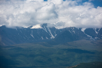Fototapeta premium Kurai steppe and North-Chui ridge on background. Altai mountains, Russia.