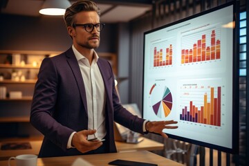 Business consultant presenting analysis with interactive charts on a smart screen in the boardroom, strengths, weaknesses, threats and opportunities of company.