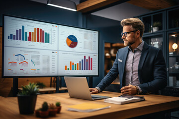 Business consultant presenting analysis with interactive charts on a smart screen in the boardroom, strengths, weaknesses, threats and opportunities of company.